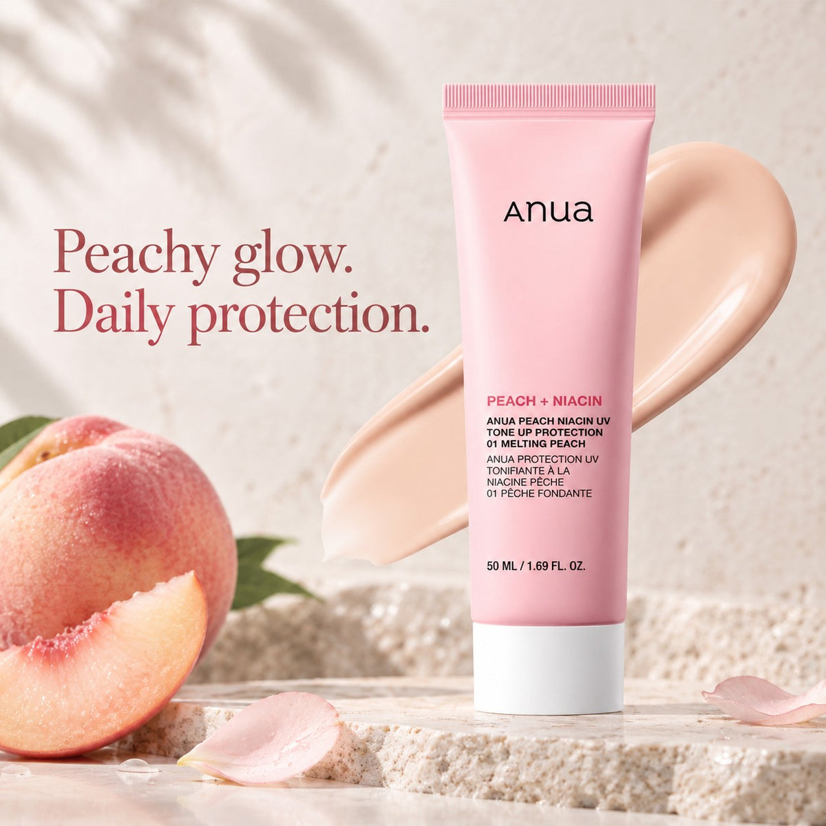 Anua — Protector UV iluminador con melocotón y niacina · tono 01 Melocotón · 50 ml