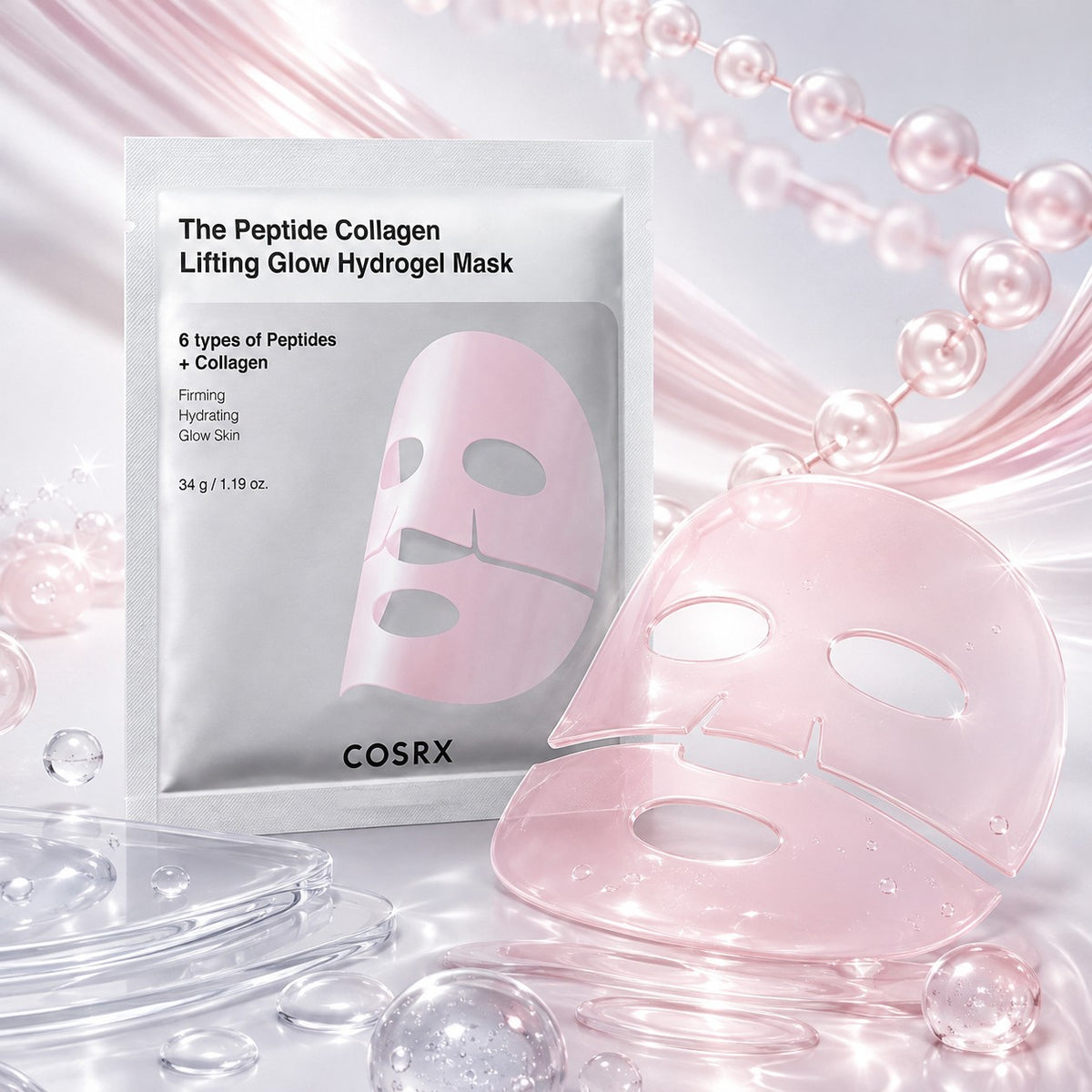 COSRX — Mascarilla de hidrogel reafirmante e iluminadora con péptidos y colágeno · 3 mascarillas