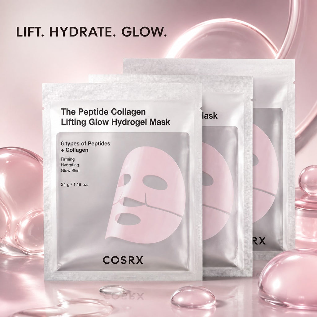 COSRX — Mascarilla de hidrogel reafirmante e iluminadora con péptidos y colágeno · 3 mascarillas